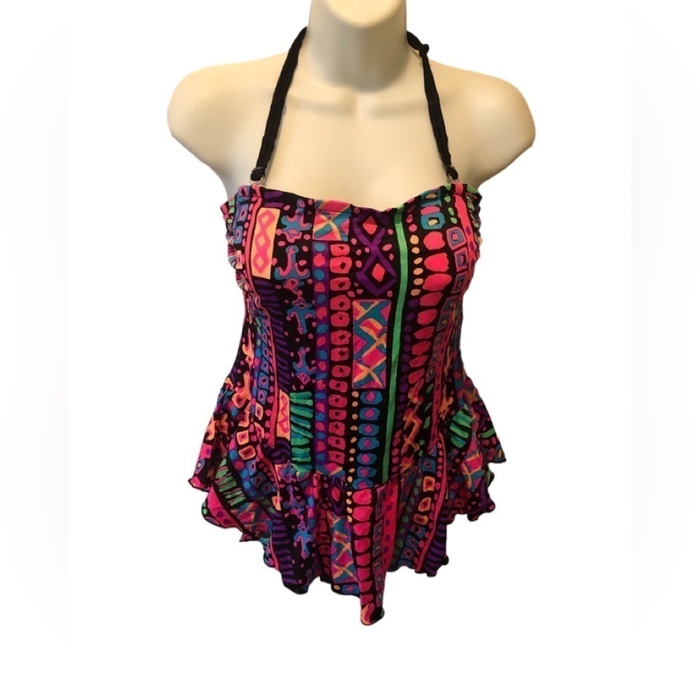 VTG 80’s Hobie One Piece Colorful Swimsuit Ruffle Peplum Bodice 18 Runs Small